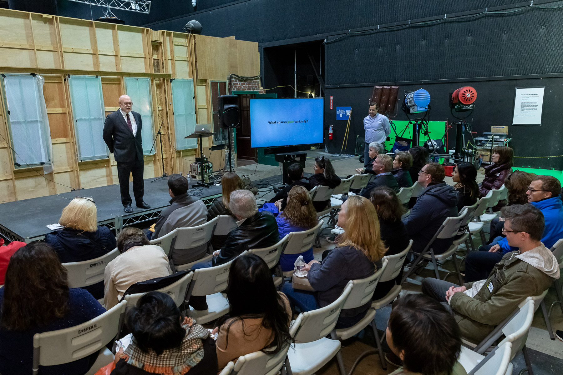 David Miller, dean of the College of Computing and Digital Media, speaks during the Chicago Ideas Week Lab: Behind the Scenes at Cinespace with DePaul University, Monday, Oct. 14, 2019, at Cinespace Chicago Film Studios on Chicago’s West Side. (DePaul University/Jeff Carrion)